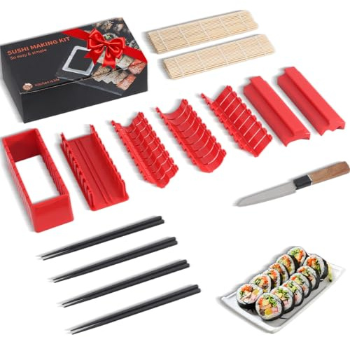 MLRYH Sushi Making Kit Sushi Maker, 14 Pcs Sushi Kit for Beginners Sushi Roller Kit with Sushi Cutting Mold, Knife, Sushi Mats, Chopsticks(Red)