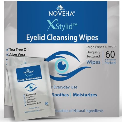 NOVEHA 60 Stück Augenlid- & Wimpernreinigungstücher mit Teebaumöl, Hyaluronsäure, Aloe Vera, Kamille & Grünem Tee – Sanfte Reinigungstücher