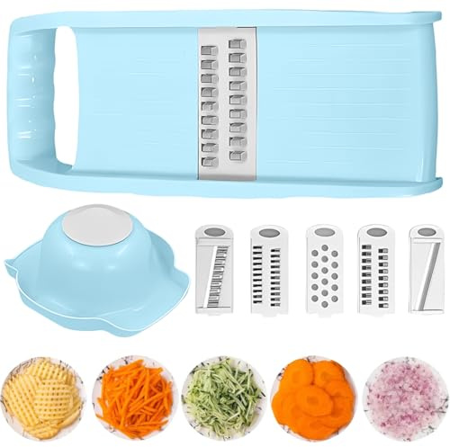 5 in 1 Mandoline Gemüsehobel Gemüsereibe Inklusive Handschutz, Gemüseschneider, Gurkenhobel Dünne Scheiben, Reibe für Gemüse, Hobel Gemüse, Mehrzweck Gemüseschneider, Küchen Gadgets, Blau