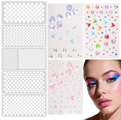 8 Stücke Meerjungfrau Schminke Damen Fischschuppen Schablonen mit Glitzersteine Selbstklebend Strasssteine Meerjungfrau Kostüm Accessoires für Karneval Kostüm Makeup Fasching Malvorlage zum Malen