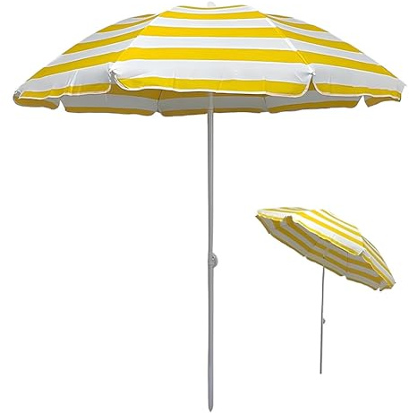 Générique Parasol De Plage Portable 160cm Jaune À Rayures Inclinable Léger Petit Parasol De Patio Hauteur Réglable Protection UV 50+ Extérieur Imperméable 8 Baleines Robustes