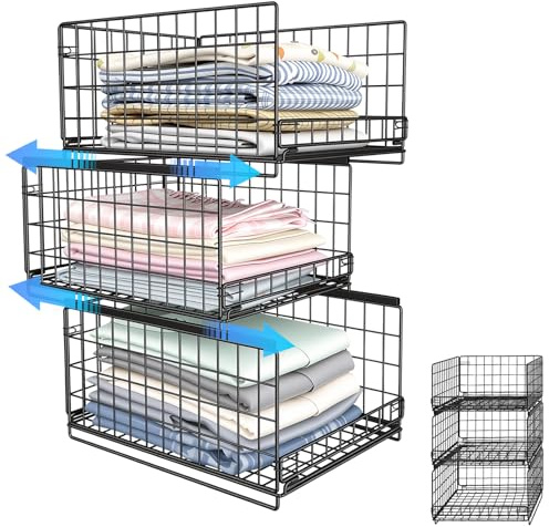 Drawers for Inside Wardrobe, 3 Pack Wardrobe Storage Organiser Pull Out Clothes Basket Cupboard Cabinet Clothing Rack Deep Drawer Stackable Boxes Sliding Bins Storage Shelves (Carbon Steel 20KG Load)