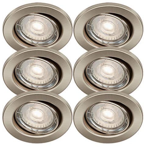 Trango 6er Set LED Einbaustrahler in Nickel Matt Rund 6729-062MCOB Bad Einbauleuchte, Deckenstrahler, Einbauspots, Deckenlampe, Spots incl. 6x 5 Watt LED Modul Ultra Flach nur 3cm Einbautiefe