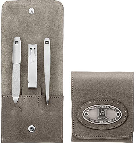Zwilling TWINOX Maniküre Set 3-teilig Pediküre Pflege Hände Füße Reise Mann Frau Rindleder Taupe Nagelknipser Pinzette Nagelfeile 97647-005-0