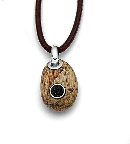 DUR Anhänger Holzkiesel oval aus echtem Treibholz | Bernstein/Kyanit/Perle/Lavasand | 925 Sterling Silber | Unikat Damen-Schmuckstück