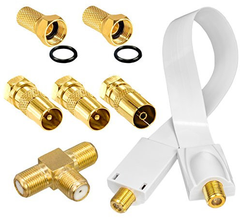 HB-DIGITAL Adapter-Set. 2 DVB-T/T2 Receiver mit nur Einer aktiven DVB-T/T2 Antenne betreiben. Inkl. Fensterdurchführung Weiß. Vergoldete Kontakte, für Terrestrische Antennen mit IEC-Stecker Ausgang