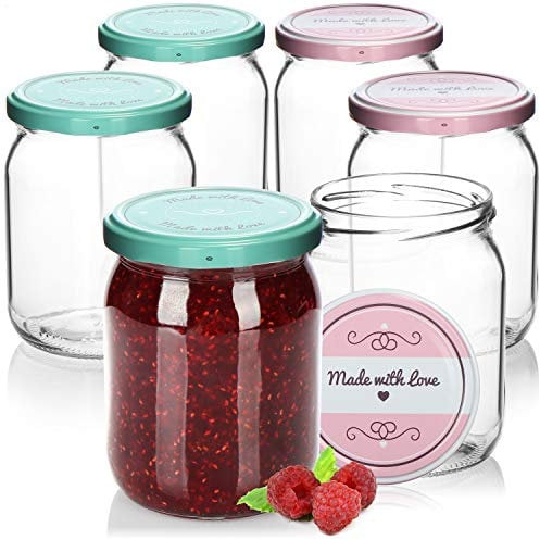 com-four® 6x bocaux de conservation avec couvercle à vis Made with love en vert et rose - TO Ø 82 mm - quantité de remplissage recommandée env. 490 ml - jusqu'au bord du verre : env. 540 ml