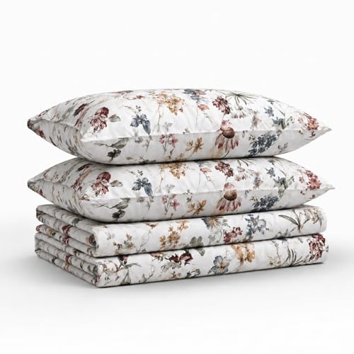 Tribeca Living Set di lenzuola king size in morbido rasatello di cotone a 300 fili, stampa floreale con tasche extra profonde, set di biancheria da letto da 4 pezzi, rosso scuro Amalfi, multicolore