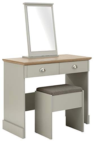 GFW Kendal Dressing Table Set with Cushioned Stool and Mirror For Bedroom, Modern Dresser Vanity Desk With 20L Storage Drawers For Make Up, Hairdressing & Getting Ready, Grey & Oak, W90 x D45 x 13.5cm