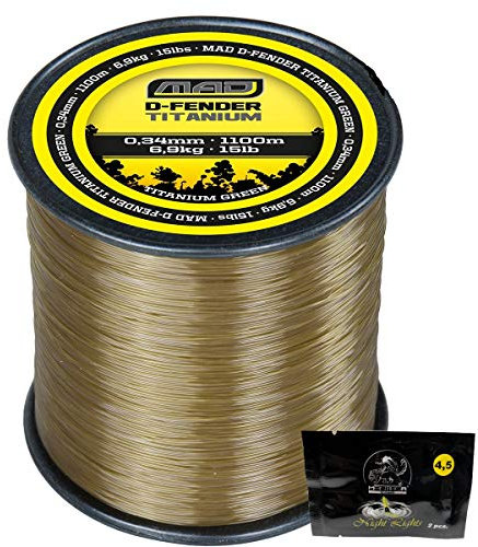 Dam MAD D-Fender Titanium Monofil Schnur bis 1600m - Monofilschnur Angelschnur 0,28-0,40mm + 2er Pack Mantikor Knicklichter (0,37mm / 9kg - 950m)