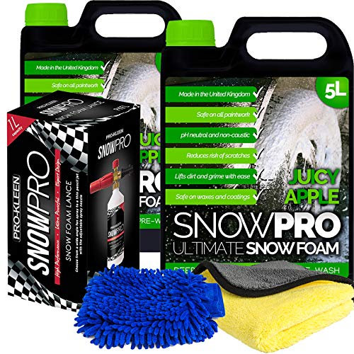SnowPro Snow Foam Shampoo Car Wash Soap 10L pH Neutral Pre Wash Apple Fragrance With Microfibre Mitt, Cloth and Lance Gun Kit
