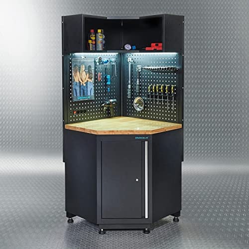 Datona Eckwerkbank-Modul mit Eichenholz-Arbeitsplatte, Lochwand, offenem Eckschrank und Unterschrank für Premium-Werkstatteinrichtungen