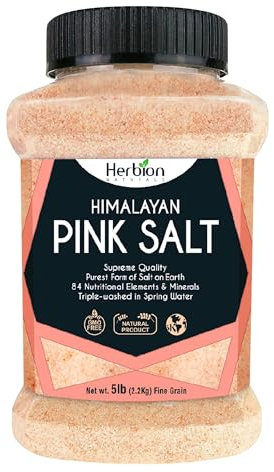 Herbion Naturals Himalayan Pink Salt - Fine Grain Supreme Quality - 5 lb. (2.2 Kg) Unbreakable Jar - Kosher Certified - GMO-Free - Chemical-Free – Vegan