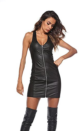 Junhouse Damen Verführerisch Sexy Lack lederkleid Mini-Kleid im Wetlook V-Ausschnitt Nachtclub Lackleder Korsett Vorne und hinten Partykleid Clubwear Lederlook erotische Partykleid (XL(L-XL))