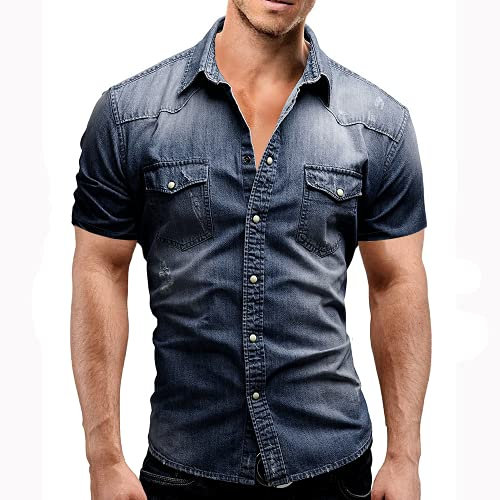 Men Denim Thin Shirt Short Sleeve Soft Cotton Two Pockets Slim Slight Elastic Jeans Cowboy Shirt (dark blue,XXX-Large)