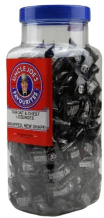 Uncle Joe's Throat and Chest Lozenges in a 1.4kg jar. Long-lasting relief with natural ingredients, perfect for families and frequent use.