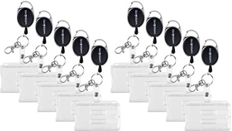 WEBBOMB® 10er-Set Ausweishalter Kartenhülle Ausweishülle 10x Kartenhalter aus Hartplastik für Ausweise & Karten mit reißfester 70 cm Ausweis JoJo-Schnur Karabiner Schlüsselring + Metall Gürtelclip