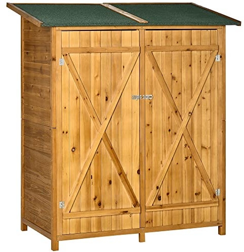 Outsunny Caseta de Jardín de Madera 140x75x157 cm Cobertizo para Almacenaje de Herramientas con Techo Asfáltico Estantería y 2 Puertas con Cerrojo para Exterior Terraza Natural