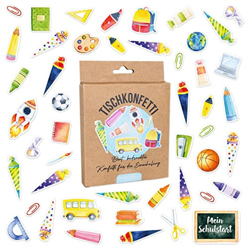 Papierdrachen 200 Bunt bedruckte Konfetti für die Einschulung - Hurra Schulkind! - einzigartige Tischdekoration für die Einschulungsparty - Aquarell - Set 1
