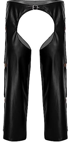 TTAO Herren Wetlook Cowboy Kostüm Western-Kostüm Ouvert Pants Kunstleder Lose Lange Hosen Wild West Chaps Hose mit Fransen Schnalle Reizwäsche Schwarz S