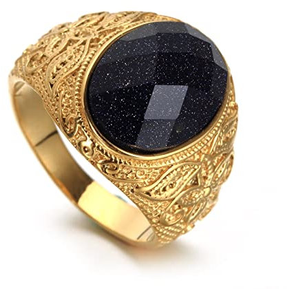 Ring Edelstahl Unisex, Männen Ring Goldring Herren Kleiner Finger Vintage Blumenring mit Blauem Stein Größe 60 (19.1)