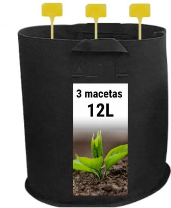 GROWMANIA 3 Bolsas de Cultivo de Tela Negra con Asas - Macetas de 12L de Capacidad para Plantas y Flores Redonda + Etiqueta de Regalo