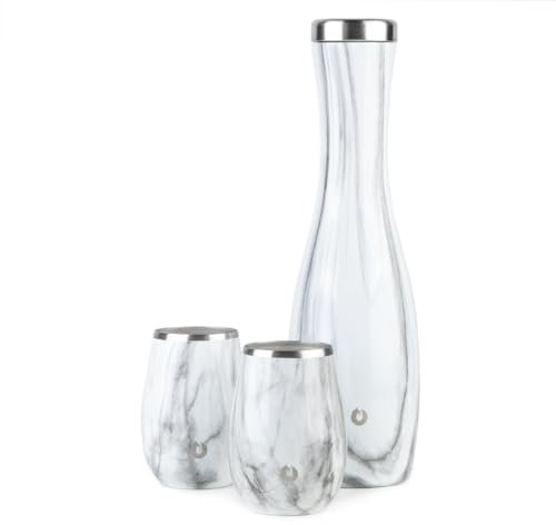 SNOWFOX Wine Carafe and Glass Set, Insulated Stainless Steel Carafe and Set of 2 Matching Wine Glasses, Marble