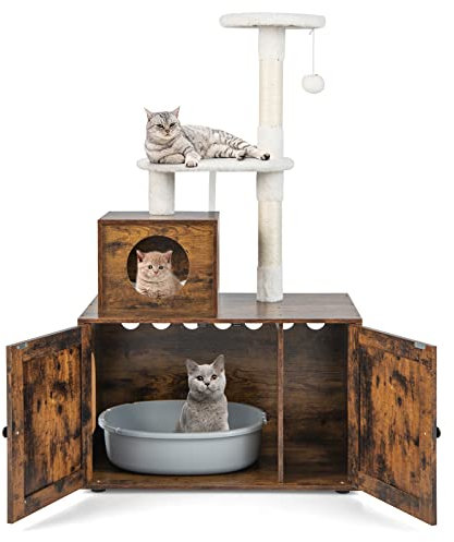 COSTWAY Arbre a Chat Litiere Intégrée, Tour pour Chaton avec Cache-Litiere, 2 Plateformes,Grand Condo, Pompon, Poteaux à Griffer en Sisal, Meuble Litiere Chat en Bois(Marron)