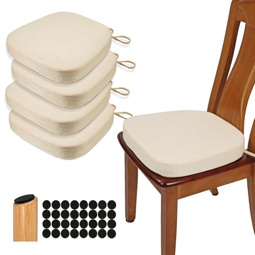 BUYUE Stuhlkissen 6,5 cm dick, U-Form Sitzkissen 40x40 cm mit hochdichtem Schaumstoff, Stoffbezug, rutschfestes Sitzpolster für Küche und Esszimmer (4 Stück, Beige)