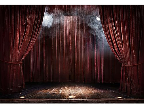 YongFoto 3,5x2,5m Vinyl Bühne Foto Hintergrund Brauner Vorhang Holzboden Rauchig Scheinwerfer Magische Theaterbühne zum Party Veranstaltung Fotografie Video Hintergrund Studio Requisiten Tapete
