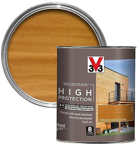V33 High Protection Woodstain - 8-Year Guarantee - UV Filters - Water-Repellent - Quick-Drying - Only 2 Coats - Medium Oak 750ml