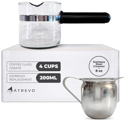 ATREVO Glass Espresso Coffee Replacement Carafe - 4 Cup (200 ml). Fits Most Espresso Machines & Coffee Makers. PerfectPour Technology. PLUS Stainless Steel Creamer (8oz).