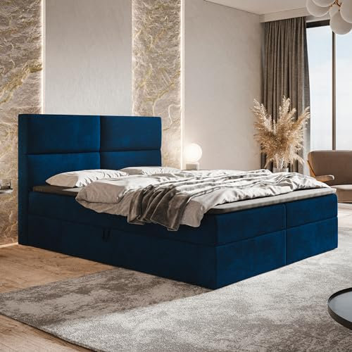 MOTIVENA Nevada Boxspringbett 160x200 mit Bettkasten und Topper, Polsterbett 160x200 mit Bettkasten, Bonellfederkern-Matratze (H4), T28 Komfortschaumstoff Topper (H3), Samt, Blau (Dunkelblau)