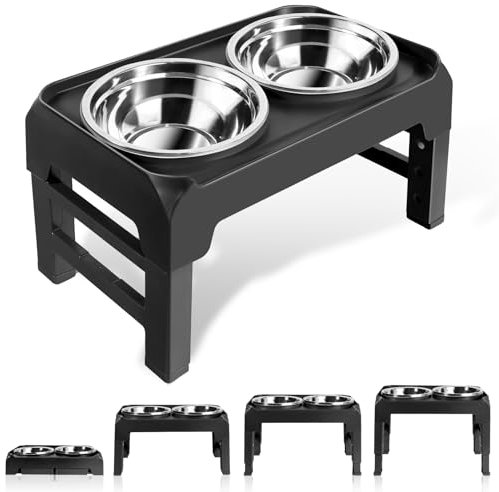 Elevated Dog Bowls, Stainless Steel Feeder Water Food Bowl, Raised Bowls Stand with 4 Adjustable Heights for Small Medium Large Pet Dogs Cats