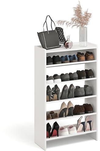 KOMTO Schuhregal Schmal - Schuhablage Flur mit 5 Ebenen Offener Schuhschrank Schuh Organizer Platzsparend | Elexis Weiß 60 x 25 x 98 cm