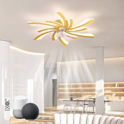 KeLuKes Silent Ceiling Fans with Lights Compatible with Alexa and Google Assistant, 78cm Bedroom Ceiling Fan with Lamp, Dc Motor, Timer Memory Function Reversible Dimmable Ceiling Fan Light, Gold