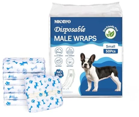 MICOOYO Pannolini usa e getta per cani maschi, mutandine super assorbenti per cani maschi, pannolini per cani con indicatore di umidità (S, confezione da 50)