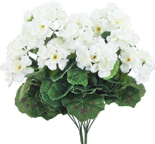 Laelfe Geranios Artificiales Exterior, Flores Artificiales Decoracion Geranios para Exterior Interior Hogar Balcón Jardin Patio Maceta Colgante Decoración de Mesa (Blanco, 2 Pcs)