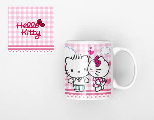 Taza Kitty fondo rosa y blanco - Cerámica Alta Resistencia 330 mL - Apta Microondas y Lavavajillas - Regalo Original