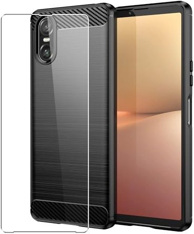 SDTEK Coque pour Sony Xperia 10 VI Fibre De Carbone Etui avec + Verre Trempé Film 360 Degrés Protection Housse Case Cover