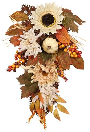 Cokbyavla Artificial Fall Autumn Wreath with Sunflower,Pink Fall Wreath For Front Door Wreaths For Front Door Thanksgiving Day Artificial Teardrop Swag Wreath Spring Summer Pumpkin Decoratio
