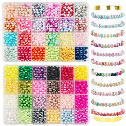 2400 Pcs Perles Rondes Colorées,48 Couleurs 6 mm Perle de Verre Rondes,Multicolore Perles Nacrées Avec Trou,Perles de Nacrées Assorties pour DIY Artisanat Colliers Bracelets Fabrication de Bijoux