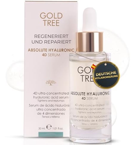 GOLD TREE 4D HyaluronSerum. Gesichtsserum für Frauen 30 ml Bio & Vegan. Straffendes Gesichtsserum für alle Hauttypen. Anti-Aging-Serum regeneriert und Repariert die Haut. Nicht an Tieren Getestet