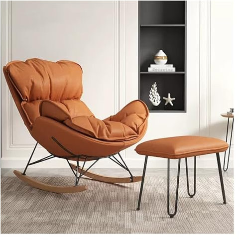FZZIBQYR Freizeitsofa-Schaukelstuhl, Schaukelsessel für das Wohnzimmer mit hoher Rückenlehne und Ottomane, Schaukelstühle aus Stoff im Mid-Century-Stil mit Beinen aus Massivholz (Farbe: Orange)