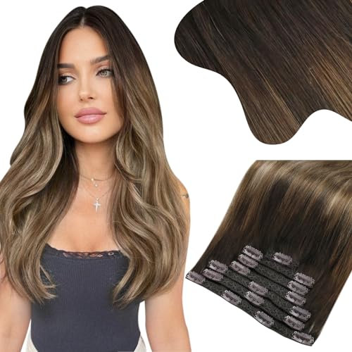 Moresoo Clip in Extensions Echthaar, Salon Qualität Weiches Glattes Haar 40 cm 7 Stück 135g Extensions Clip in #4/10/16 Braun zu Goldbraun mit Goldblond, Leicht zu Tragen Solide und Langlebig