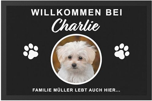 Fußmatte Hund personalisiert Einweihungsgeschenk Wohnung Hunde Geschenk zum Einzug ins Haus Fußabtreter Haustür Schmutzfangmatte für Innen 60x40 cm (1 Hund)
