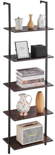 VEVOR Ladder Shelf, 5-Tier Bookshelf 17.3x11.8in, Open Wall-Mounted Ladder Shelf with Metal Frame,Storage Rack Sundries Holder for Kitchen Bedroom Bathroom Living Room, Black