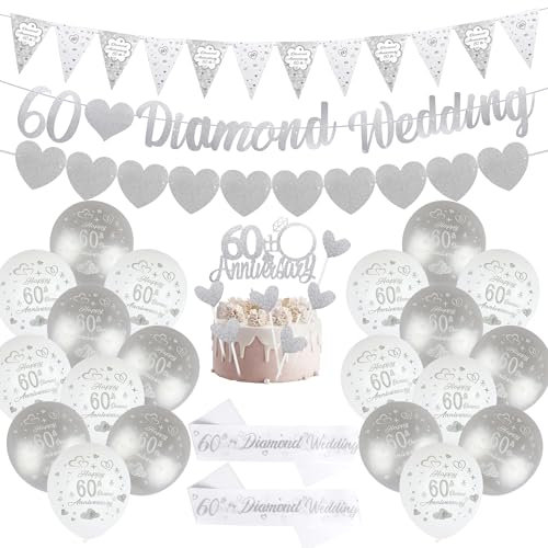 Silver Wedding Anniversary Decorations 60 Silver Wedding Banner Bunting Happy 60th Anniversary Balloons CakeToppe Satin Sash for 60 Couple Party