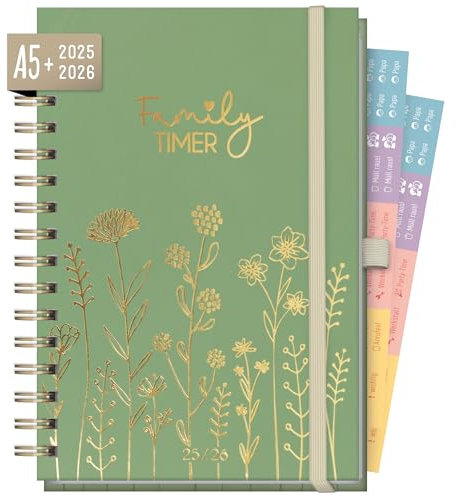 Häfft® Family-Timer Deluxe 2025/2026 A5 Fine Flowers Green Familienkalender 4 Spalten, Spiral-Buchkalender Familienplaner für 18 Monate: Juli 25 bis Dez 26 - nachhaltig & klimafreundlich