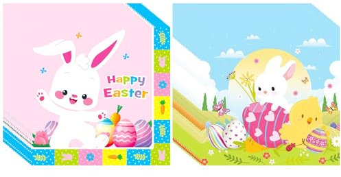 40 Stück Osterdeko Servietten Niedlicher Hase Tischdeko Ostern Servietten Geburtstag 16.5 x 16.5 cm Servietten Taufe für Gartenparty Oder Geburtstag Taufe Oster Partyzubehör